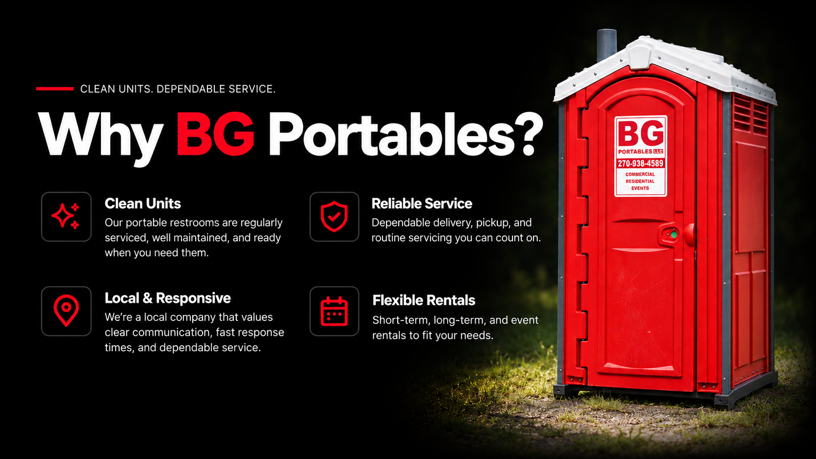 An advertisement for BG Portables LLC featuring a red portable restroom on the right side. The left side contains text highlighting the benefits of BG Portables, including clean units, reliable service, local and responsive operations, and flexible rentals, with corresponding icons.