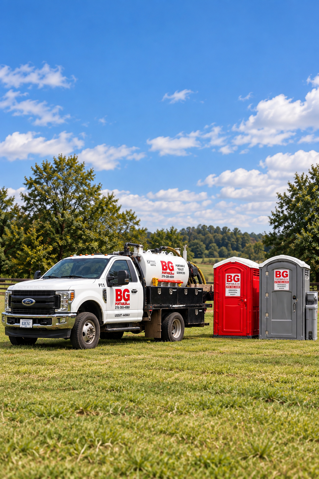A white service truck with BG Portable Toilet Services branding parked on a grassy field next to a red portable toilet and a gray portable toilet, with trees and a partly cloudy blue sky in the background.
