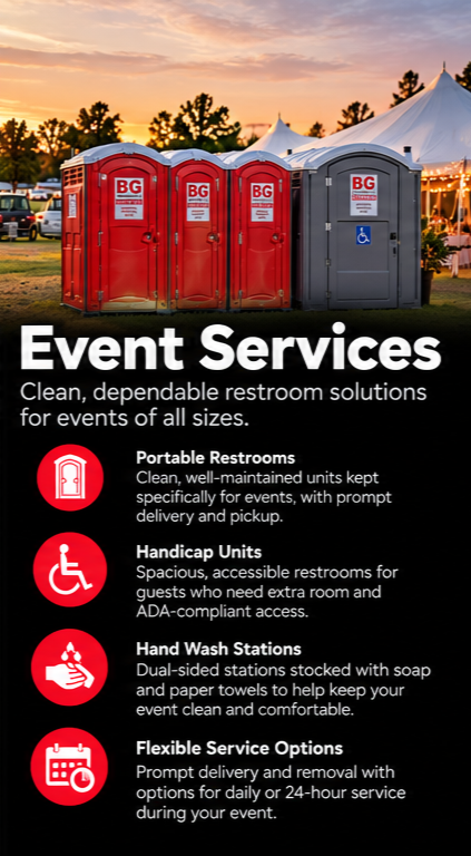 Row of three portable restrooms, two red and one gray, with event tents and trees in the background during sunset, advertising event restroom services.