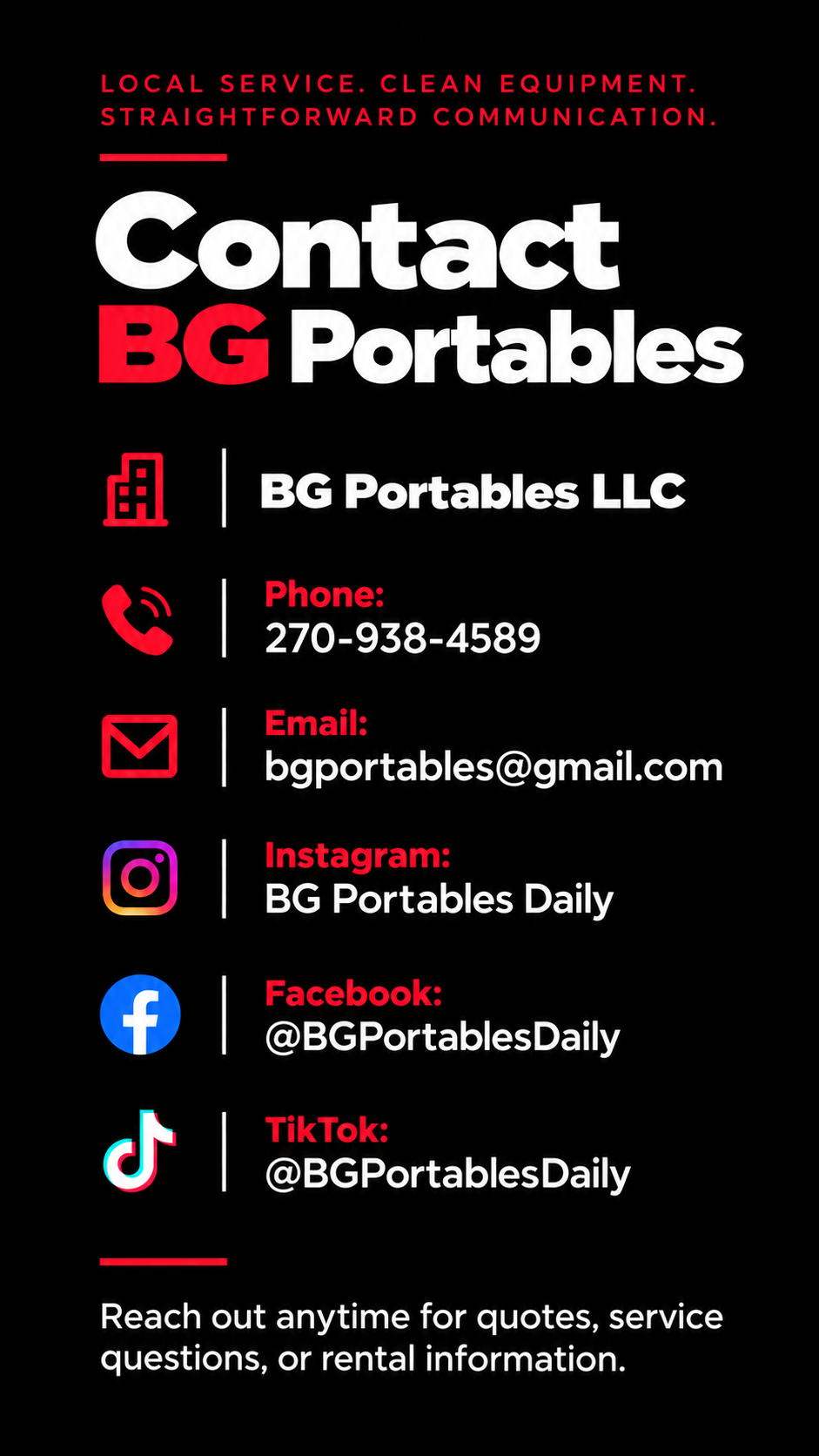 Business contact information for BG Portables LLC, including phone number, email, and social media handles for Instagram, Facebook, and TikTok, with icons representing each method of contact.