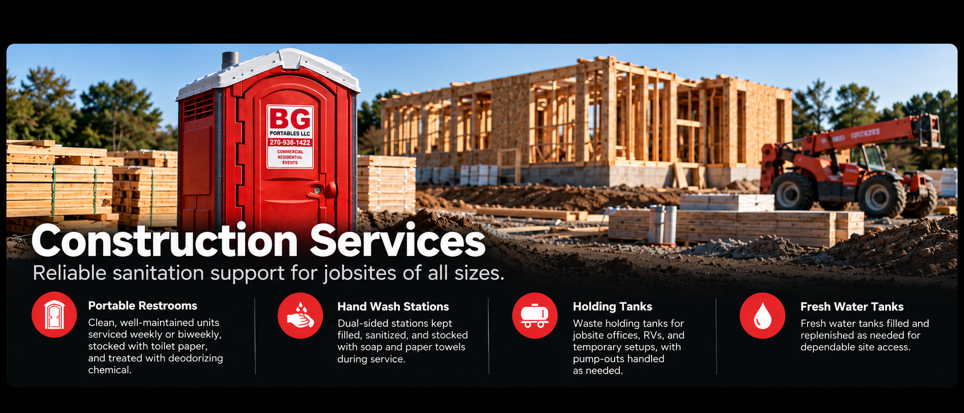 A construction site with a partially built wooden house, a red portable restroom, a backhoe, and stacks of lumber, with informational text promoting construction site sanitation services.