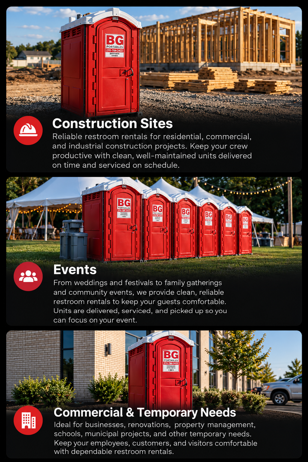 A row of red portable restrooms at a construction site, with a partially built wooden structure in the background.