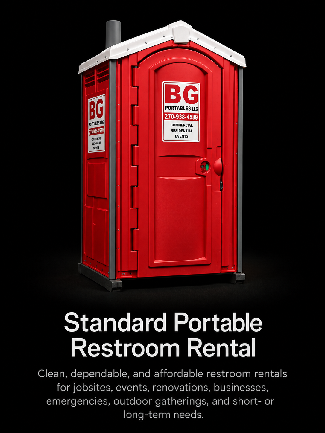 Red portable restroom with a white roof and black background, featuring a sign with the company name, phone number, and services. Text overlay promoting portable restroom rental services for events and emergencies.