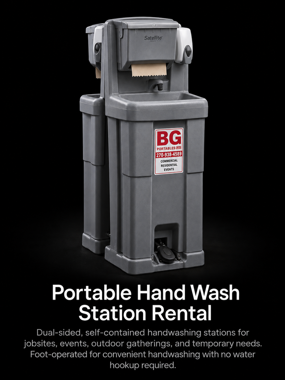 Gray portable hand wash station with a paper towel dispenser and foot pedal, labeled for rental for events and outdoor gatherings.