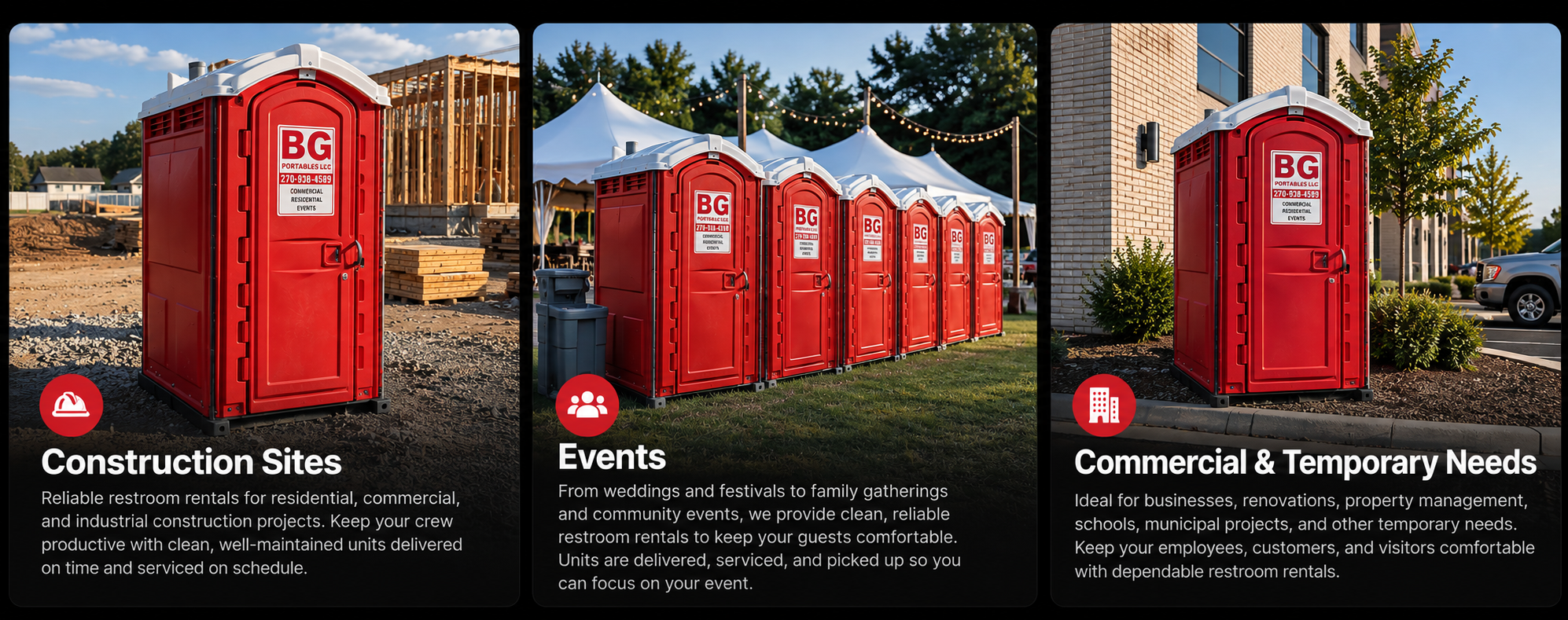 Three images of red portable toilets with white tops branded BG Portable LLC. The first image is at a construction site with a partially built structure and wooden pallets. The second image shows multiple portable toilets at an outdoor event with tents and string lights. The third image has a single portable toilet outside a brick building in a landscaped area with trees and cars nearby.