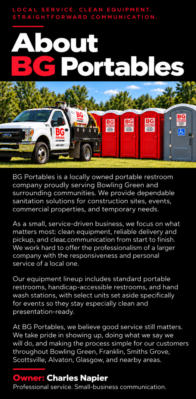 Flyer for BG Portables, a local portable restroom company. It features an image of a white service truck with BG Portables branding, parked next to a row of portable toilets in red and gray colors. The background shows a sunny sky and green trees. Text explains the company's services, values, and service areas in Bowling Green and surrounding communities, emphasizing clean equipment, reliable delivery, and customer service. The owner is Charles Napier.