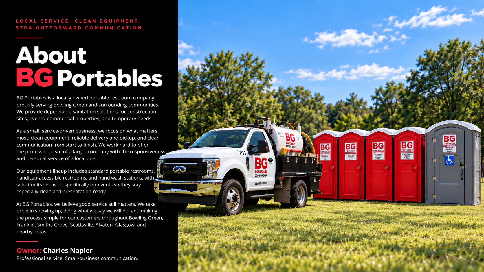 A promotional flyer for BG Portables featuring a white service truck with red lettering, five red portable toilets, and a gray handicap accessible portable unit set against a grassy field with trees and a blue sky with clouds.