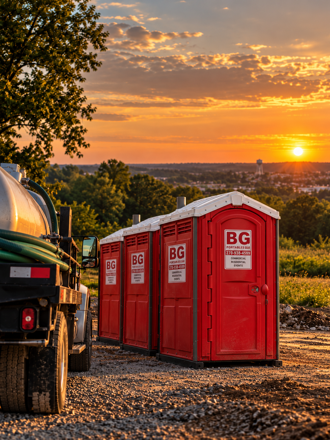 Three red portable toilets in a row on a gravel surface at sunset, with a truck partially visible on the left, green trees, and a sunset sky in the background.