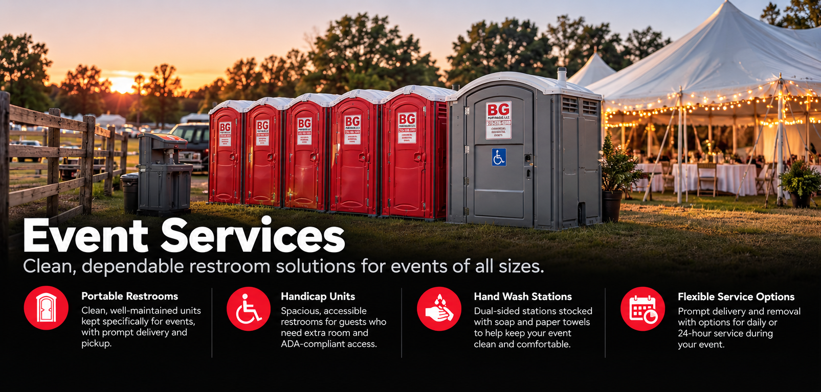Event services for restrooms at an outdoor event during sunset. Row of portable toilets and handicap units near a wedding tent with string lights and tables.