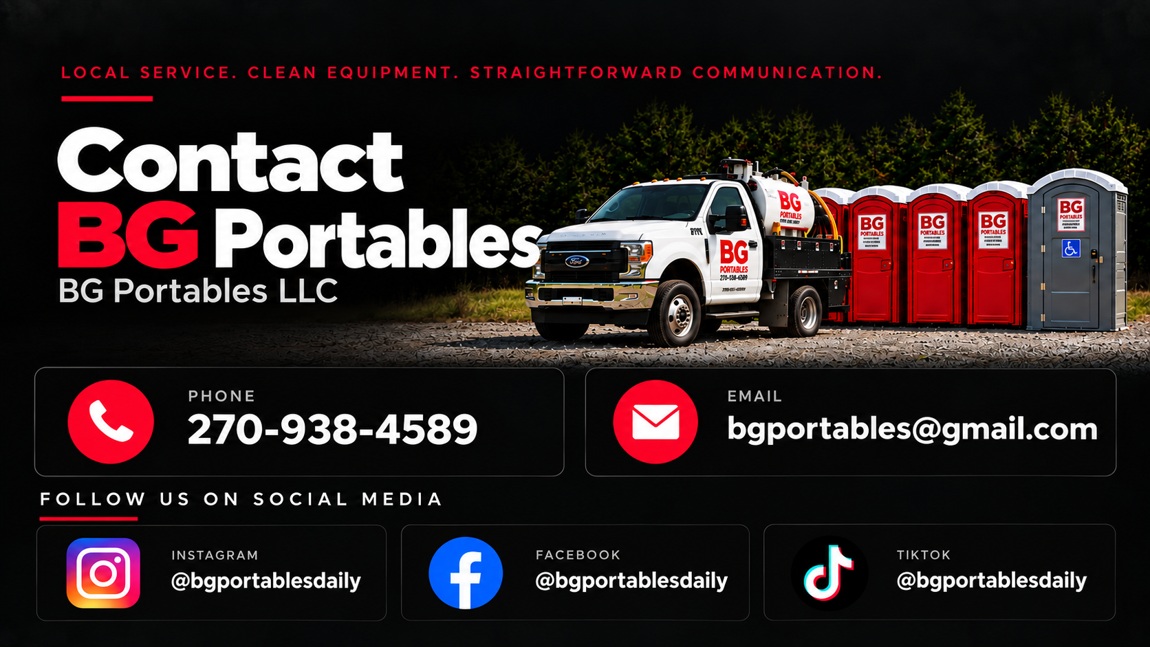 Business advertisement for BG Portables LLC featuring a white service truck with red and black branding, parked next to five portable toilets, four red and one gray with a blue handicap symbol, set outdoors with trees in the background. Contact details include a phone number, email, and social media handles for Instagram, Facebook, and TikTok.