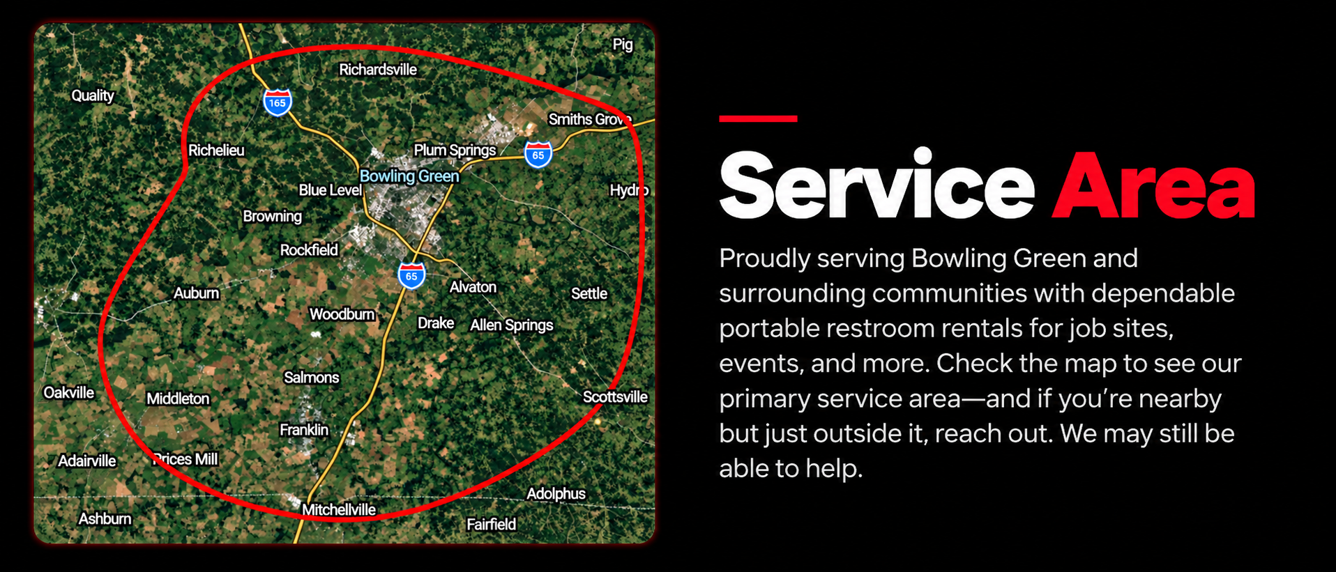 Map showing the primary service area of Bowling Green, including towns like Smiths Grove, Woodburn, and Scottsville, outlined with a red boundary.