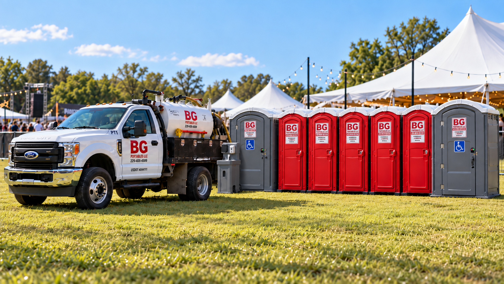 A row of portable toilets, including red and gray units with wheelchair accessible signs, and a white utility truck labeled 'BG Portables LLC' parked beside them, set up outdoors at an event with tents and string lights in the background.