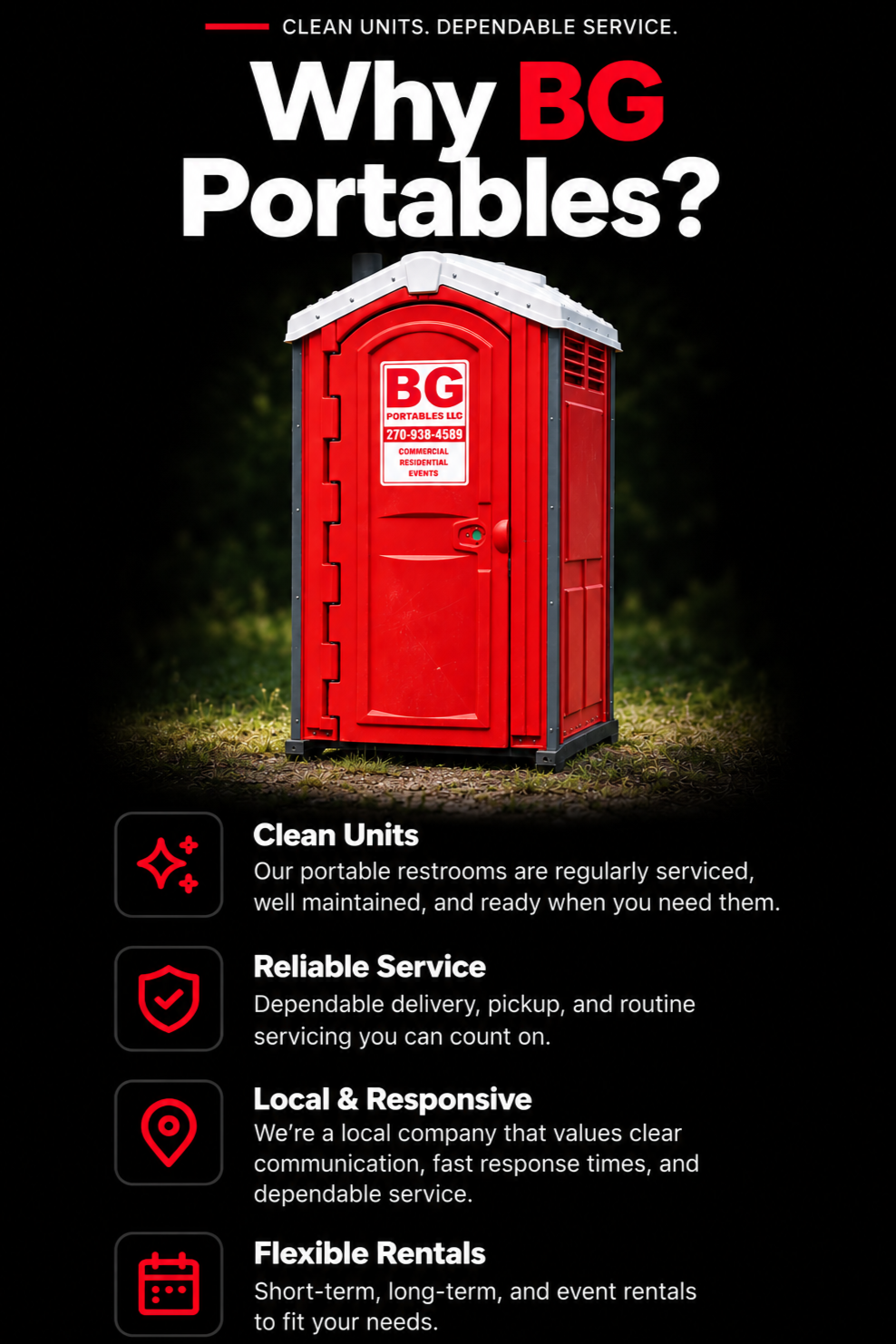A promotional flyer for BG Portable LLC featuring a red portable restroom. The flyer highlights company services including well-maintained portable restrooms, reliable delivery and service, local and responsive support, and flexible rental options.