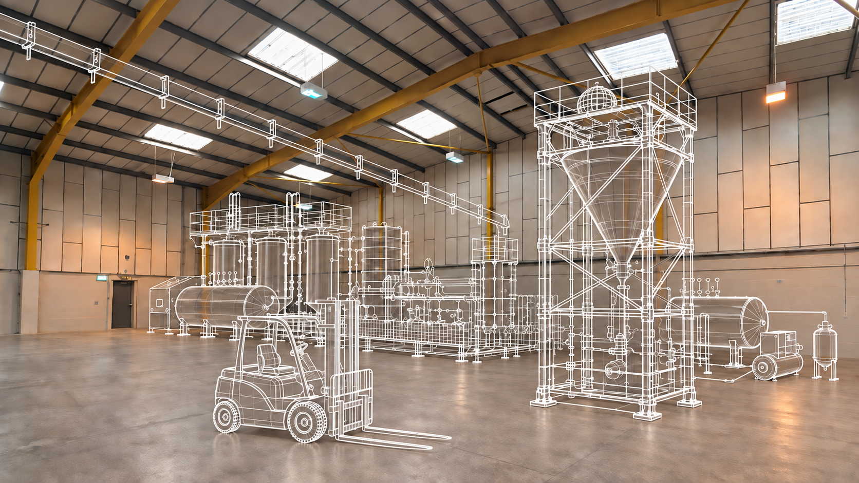 A large industrial warehouse with a high ceiling and skylights. Overlay of white wireframe drawings of industrial equipment, including tanks, pipelines, and a forklift on the concrete floor.