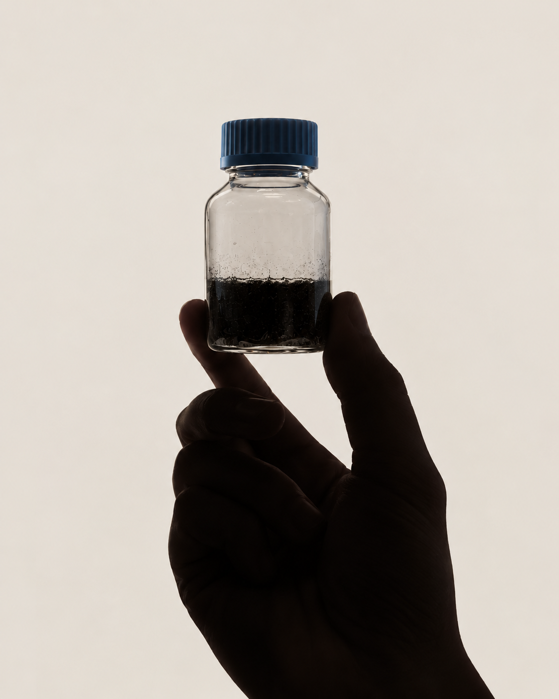 Silhouette of a hand holding a small glass jar with a blue lid, partially filled with a dark substance, against a plain background.