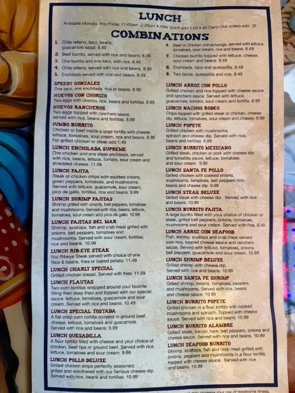 Lunch menu with various combinations and specials, including chile relleno, beef burritos, enchiladas, tacos, and steak options.