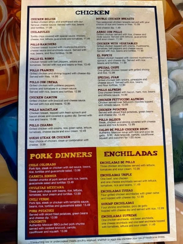 Menu featuring various chicken dishes, including chicken deluxe, chilaquiles, pollo ranchero, pollo el rodeo, pollo franks, pollo con crema, chicken cancun, pollo mazatlan, pollo charro, queso steak or chicken, and several enchiladas options such as pollo, tripa, zuzas, shrimp, and florence. Also includes a section for pork dinners.