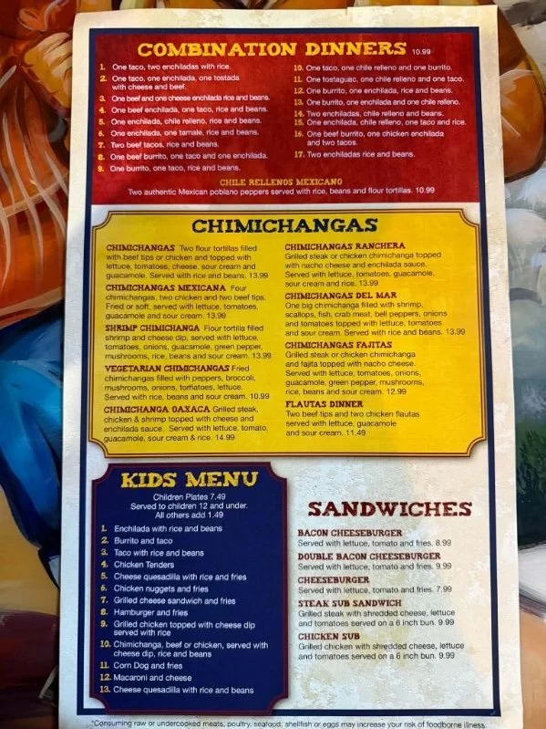 A menu featuring combo dinners, chimichangas, kids' menu, and sandwiches. The combo dinners include various Mexican dishes with rice, beans, or tortillas, priced at $10.99. Chimichangas have different fillings and toppings, with prices ranging from $12.99 to $13.99. The kids' menu offers dishes like enchiladas, tacos, cheeseburgers, and chicken tenders, with prices from $1.49 to $7.49. The sandwiches section includes bacon cheeseburgers, double bacon cheeseburgers, cheeseburgers, steak sub, chicken sub, and grilled chicken, with prices from $7.99 to $9.99.