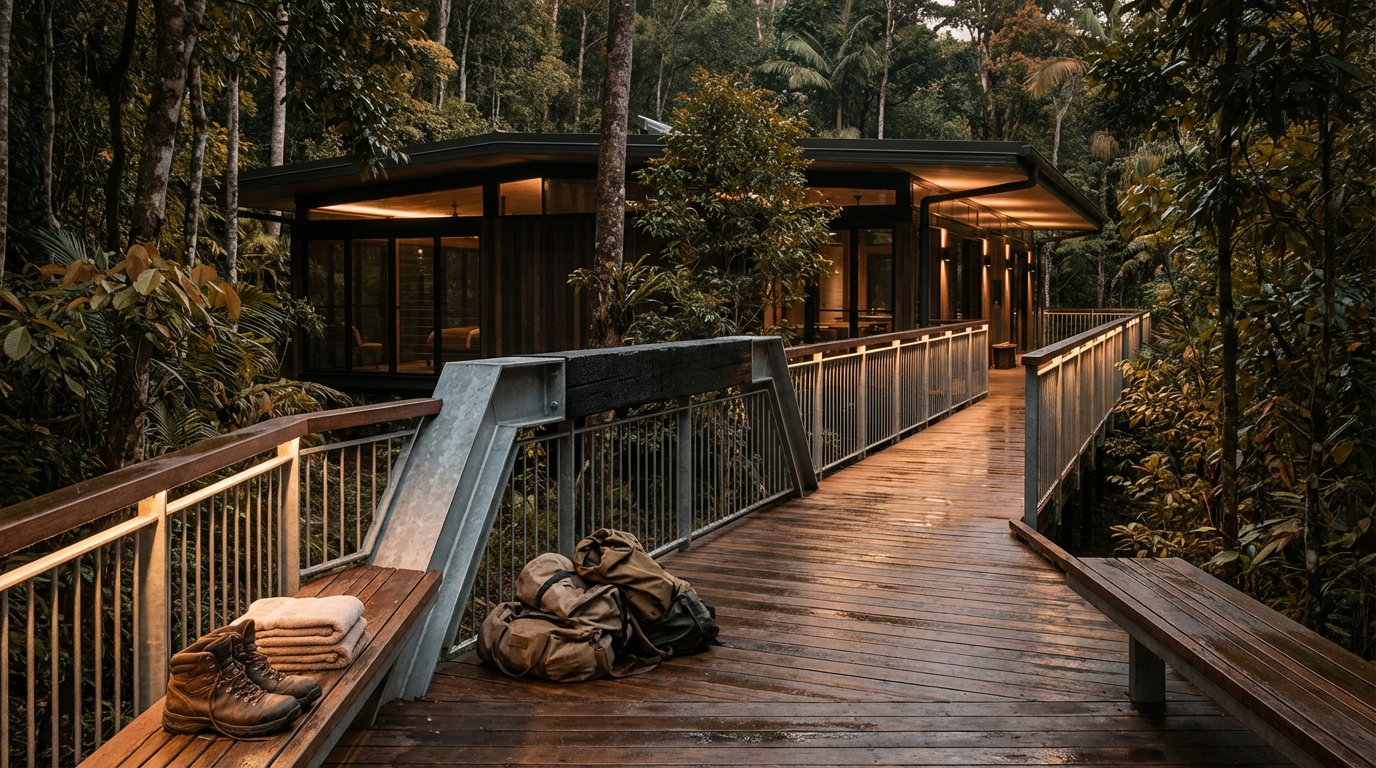Wooden walkway leading to a modern house in a forest with backpacks and shoes placed on a bench.