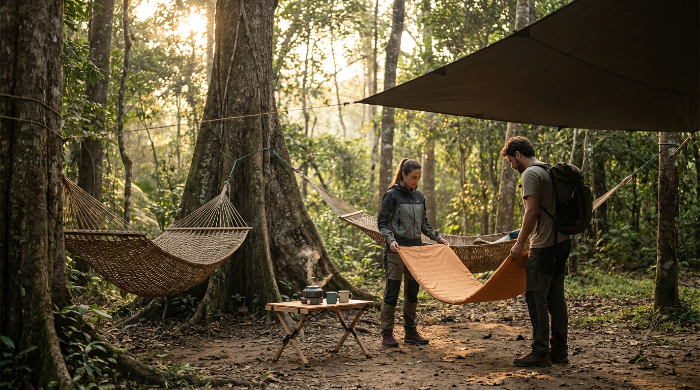 Two people in a forest setting setting up a hammock underneath a tarp, with a small table holding camping gear nearby, during daytime.