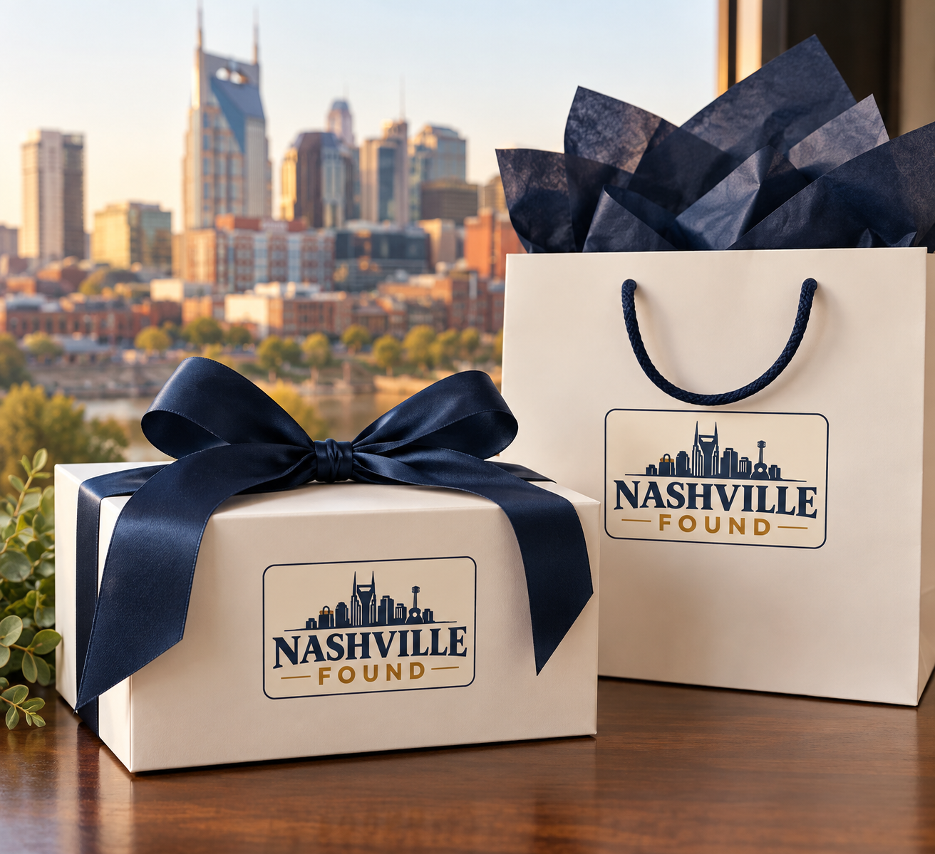 Nashville Found branded gift bag and box with a city skyline logo, set outdoors with a city skyline in the background.