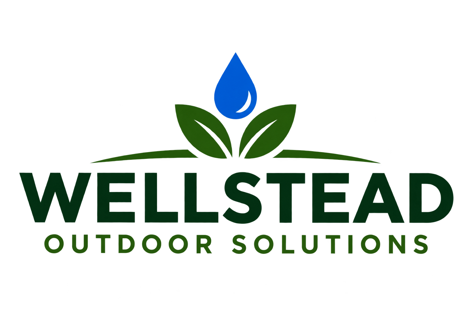 Wellstead Outdoor Solutions logo with green leaves and blue water droplet