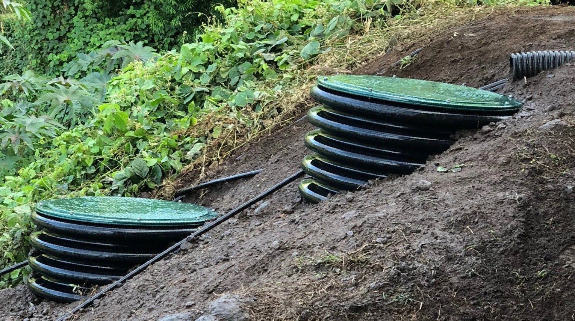 Hillside with cesspool or septic access risers.