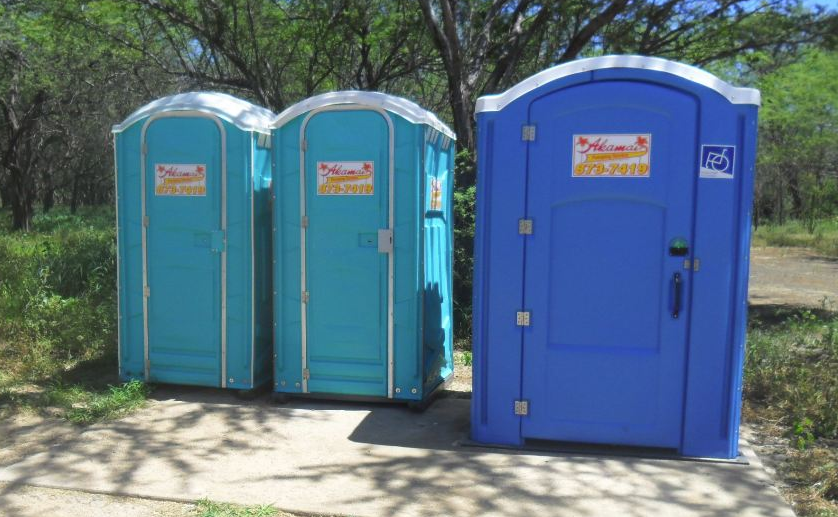 Blue portable toilet units arranged at an outdoor site.