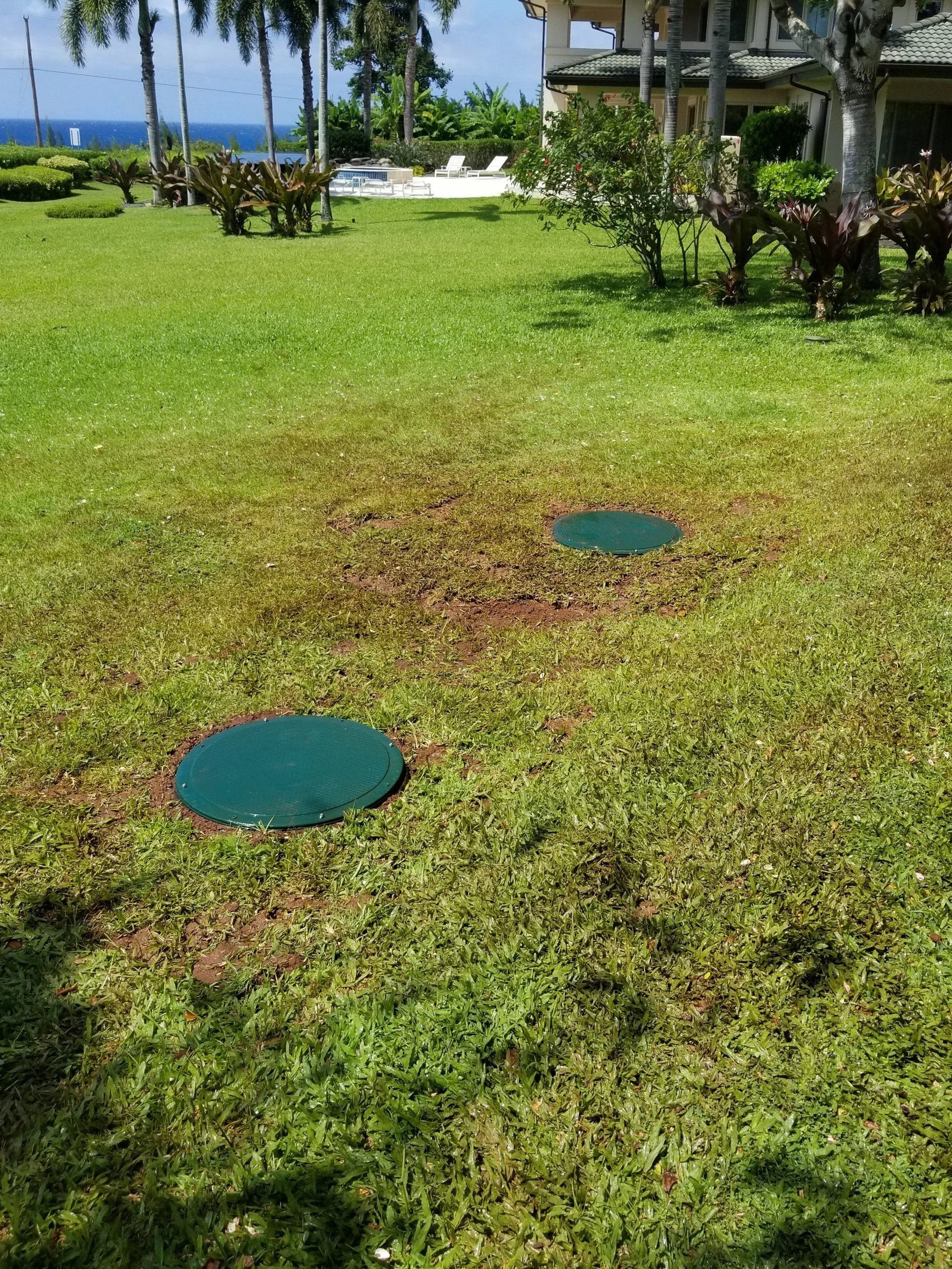 Two green access covers in a landscaped lawn.