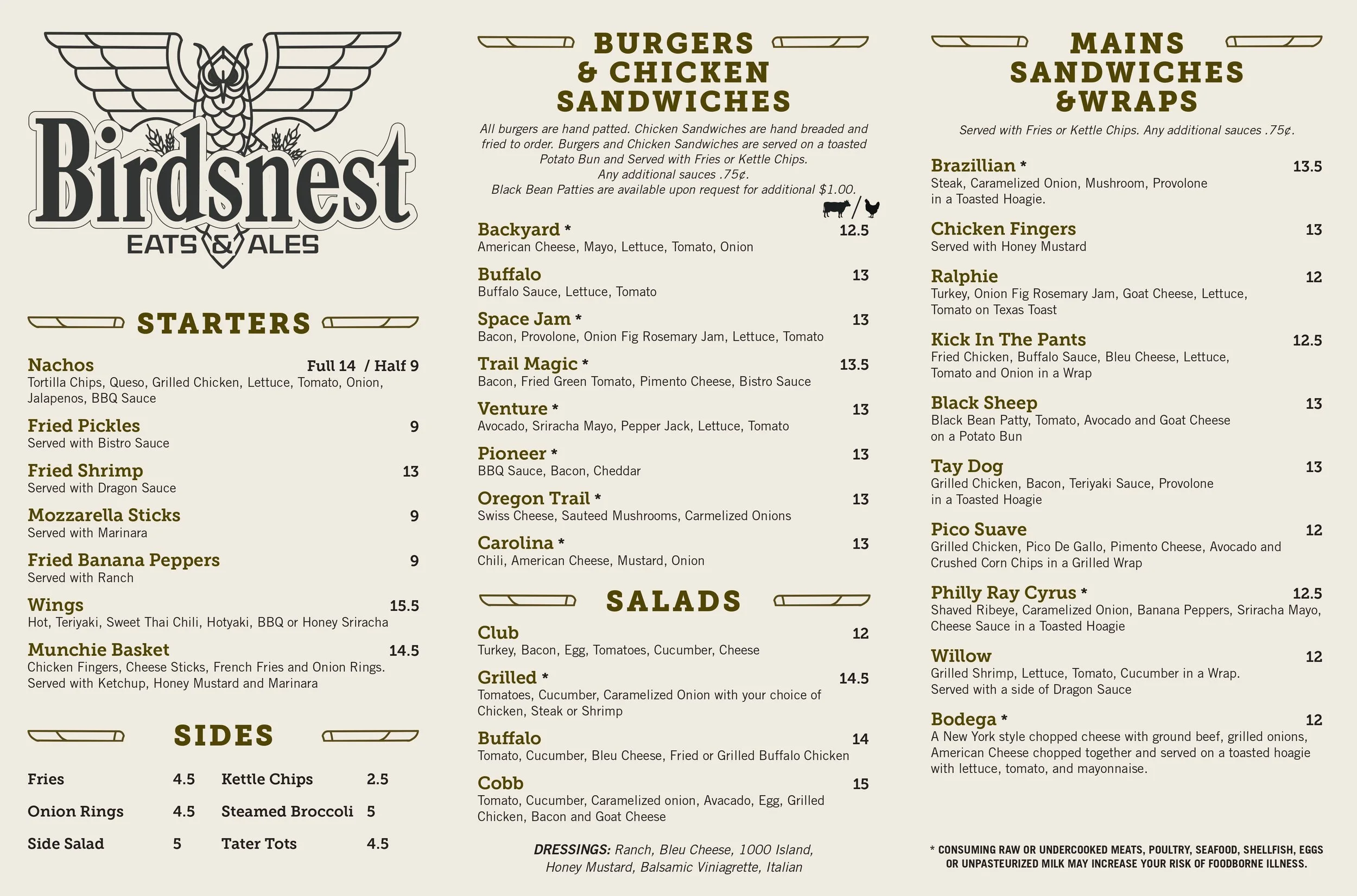 A restaurant menu featuring various burgers, sandwiches, wraps, salads, and sides with descriptions and prices.
