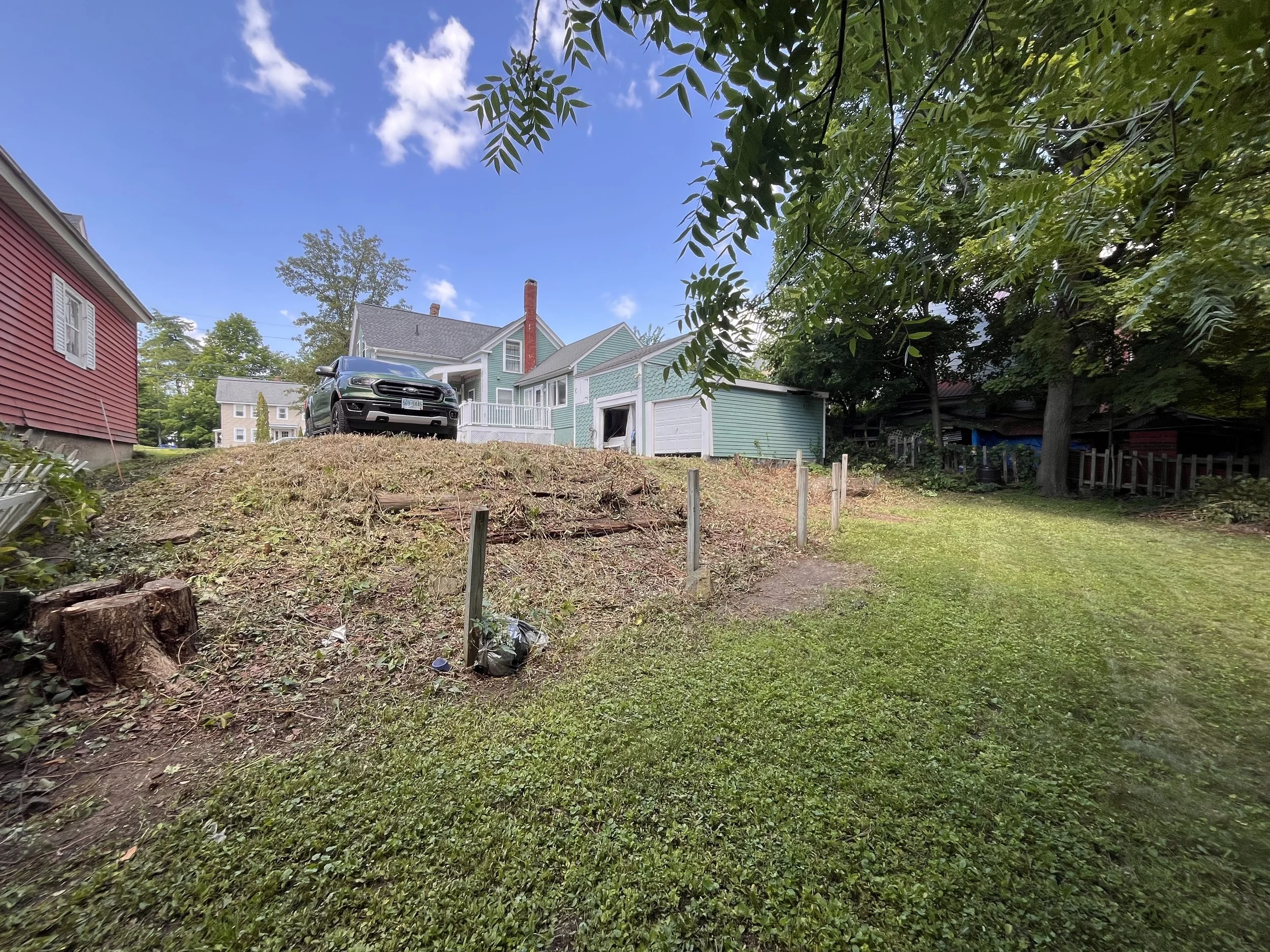 A grassy backyard with a swing set, trees, neighboring houses, and a parked car in front of a house with teal siding.