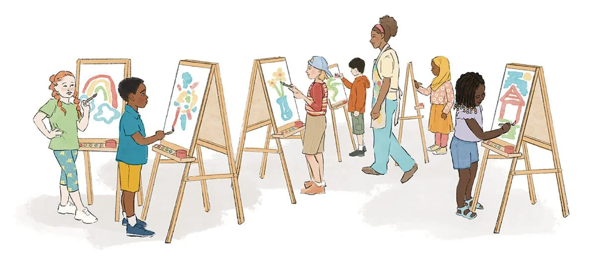 Children and an adult in an art class painting on easels, with colorful artwork including rainbows, abstract shapes, flowers, and houses.