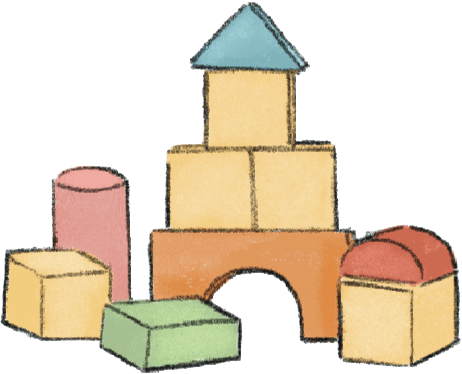 Colorful building blocks arranged to resemble a house with a blue roof, yellow walls, and a brick archway, on a white background.