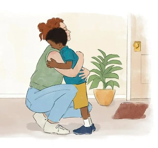 A woman crouching down to hug a young boy in a room with a potted plant and a door.