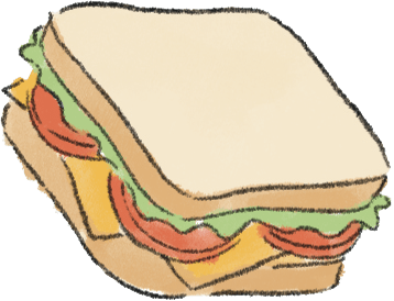 Illustration of a sandwich with lettuce, tomato, and cheese between bread slices.