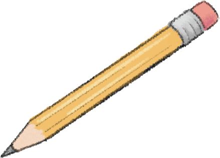 Drawing of a pencil with a yellow body, silver ring, pink eraser, and sharpened black tip.