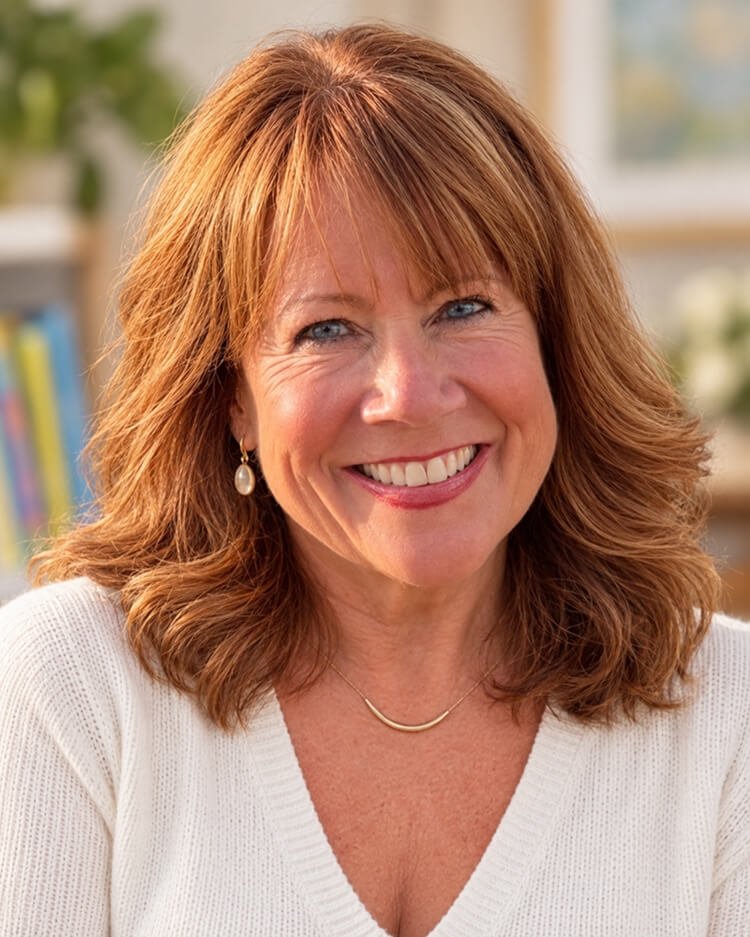 Close-up of a smiling middle-aged woman with shoulder-length reddish hair, wearing pearl earrings, a gold necklace, and a white sweater, in a well-lit indoor setting.