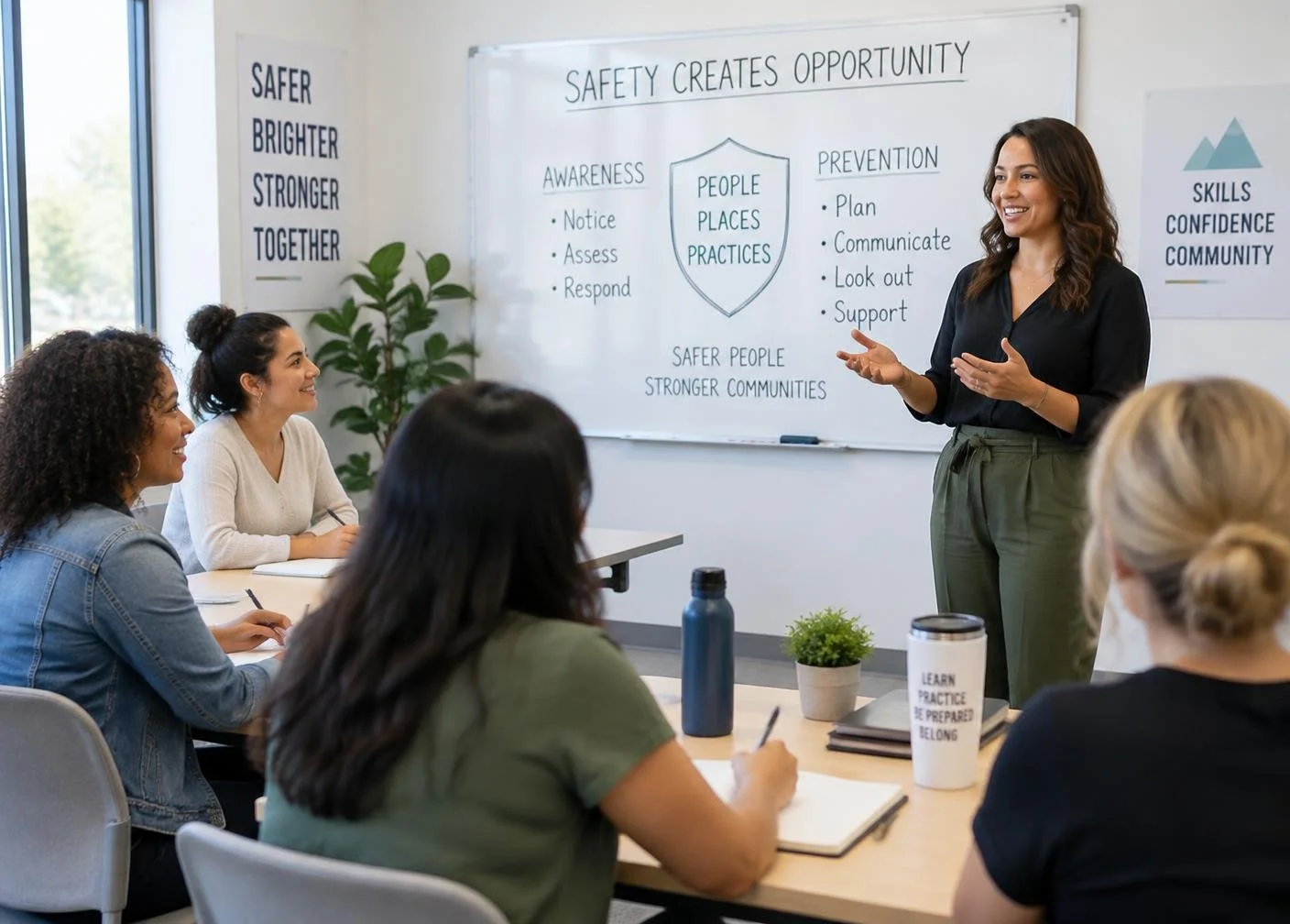 A diverse group of women attending a classroom session or workshop, listening to an instructor standing near a whiteboard with notes on safety, awareness, prevention, and community practices.