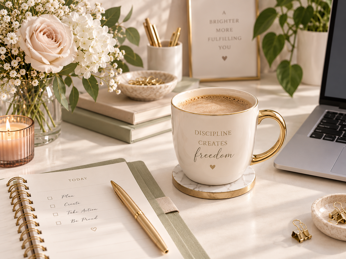 Styled workspace scene with a coffee mug, planner, gold pen, flowers, candle, laptop, and soft sage and cream accents.
