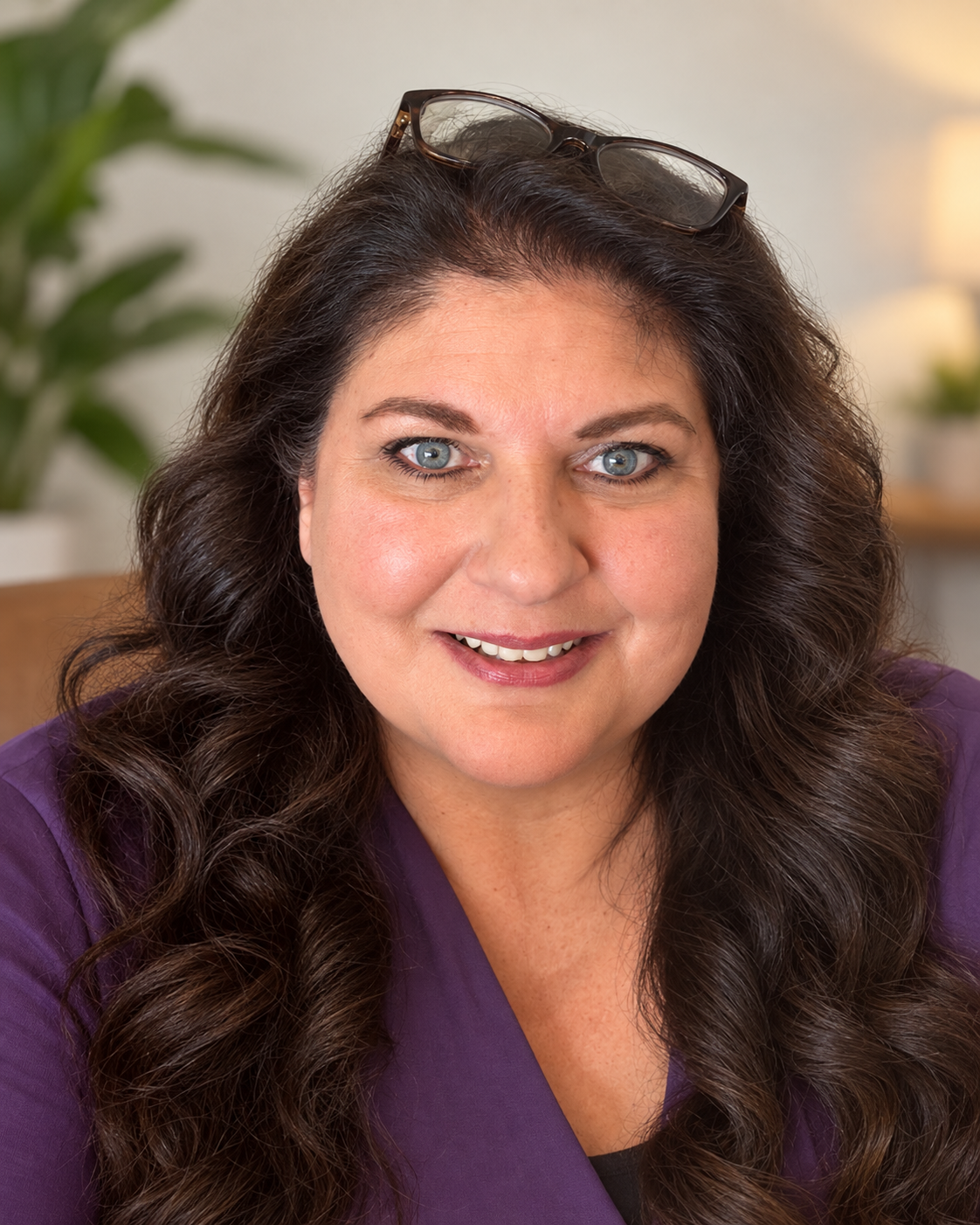 Close-up portrait of a smiling woman with dark wavy hair and a purple top, photographed indoors against a softly blurred background.