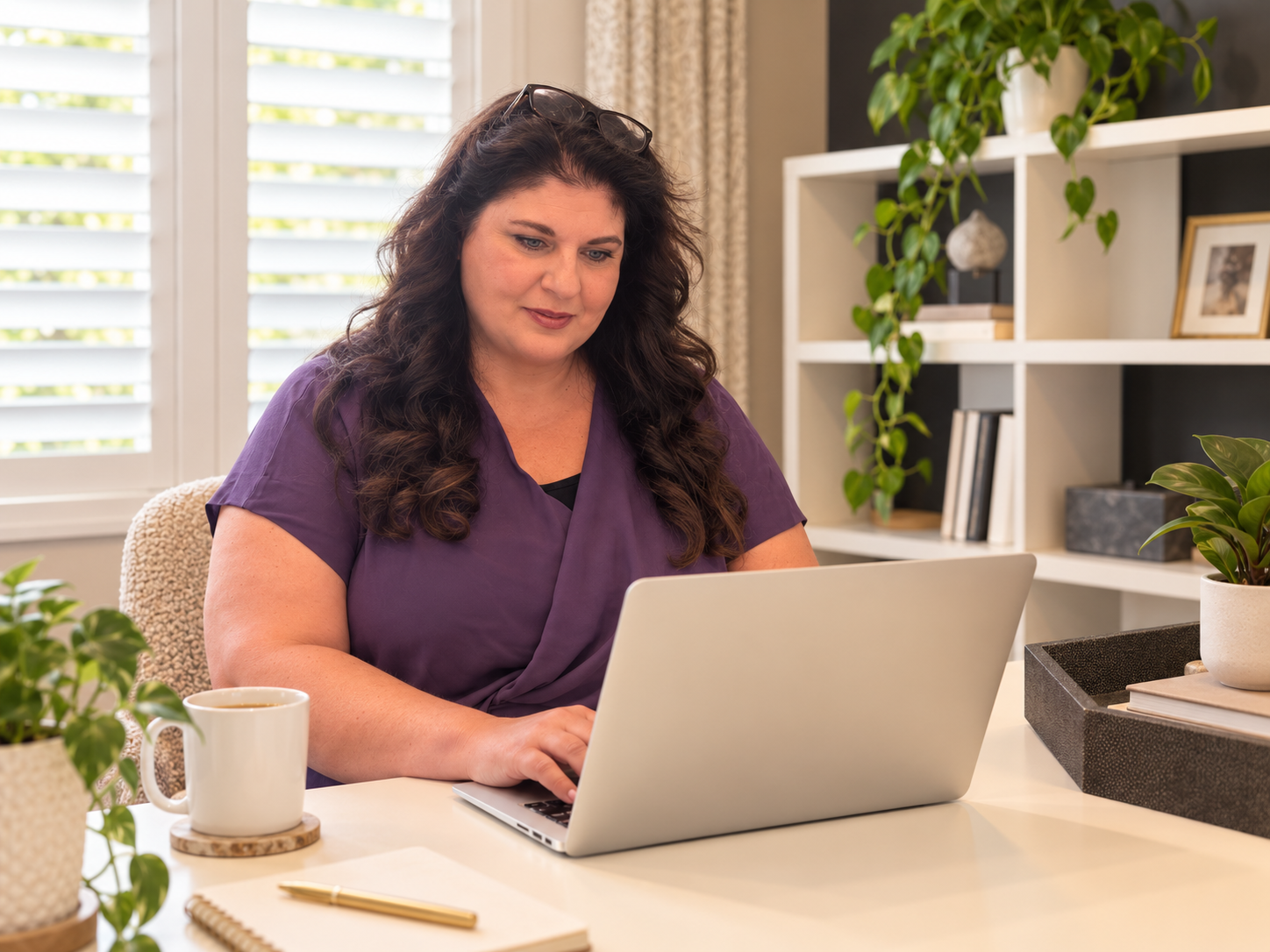 Woman working on a laptop in a bright, stylish home office with plants and a coffee mug.