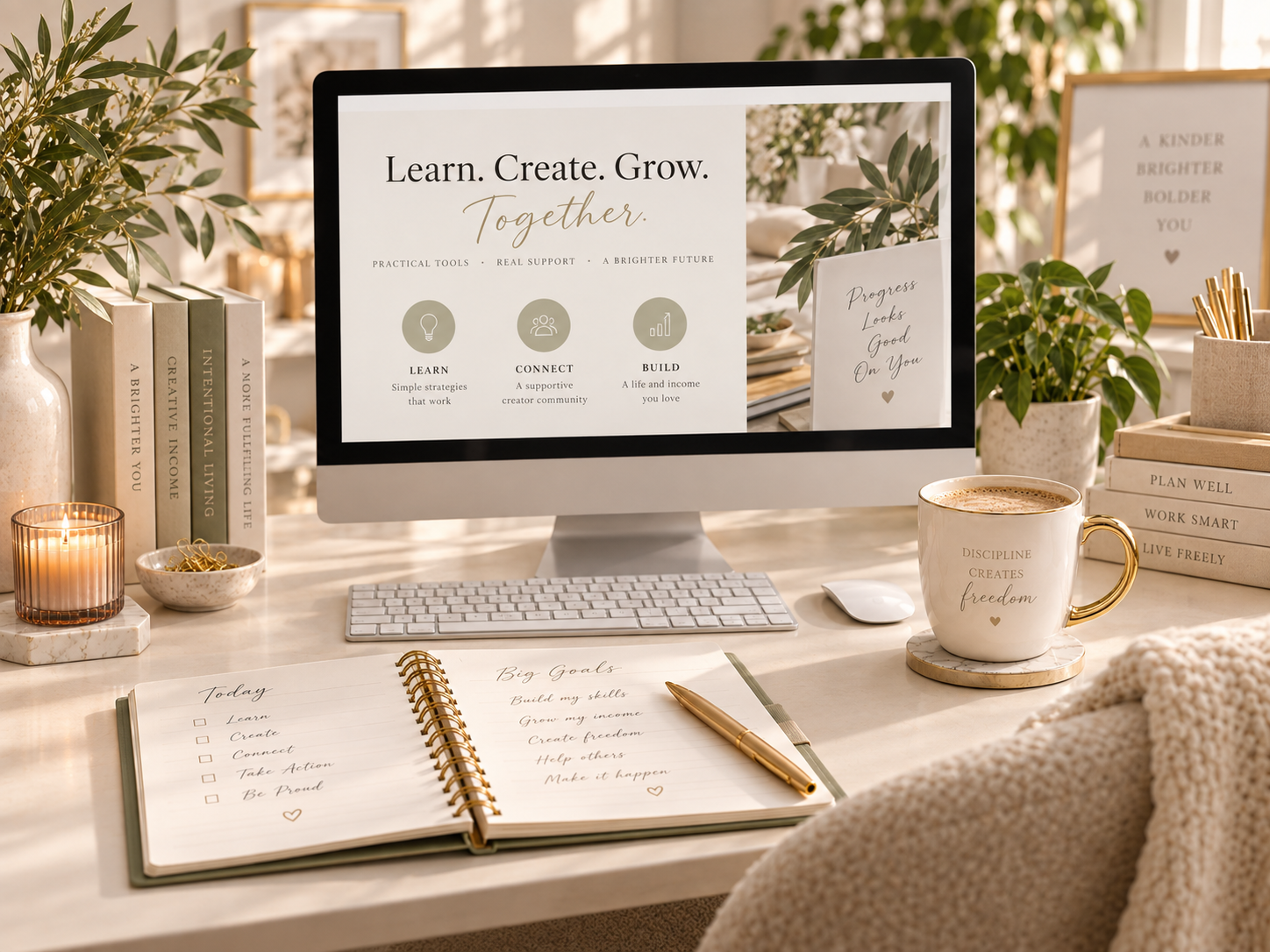Styled desktop workspace with a computer, coffee mug, open planner, books, plants, and warm cream-and-sage decor in a bright home office.