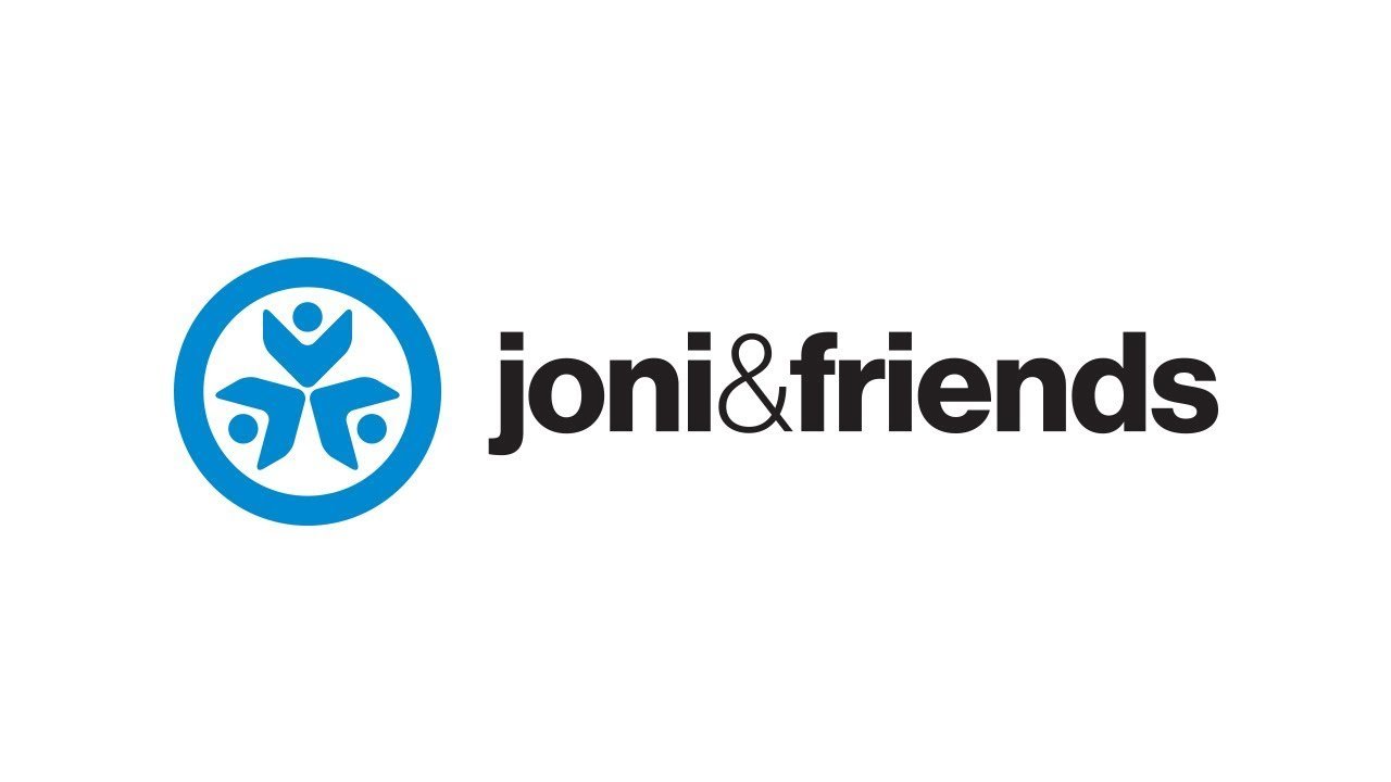 Logo for joni&friends featuring a blue circular symbol with stylized human figures and the text "joni&friends" in black.