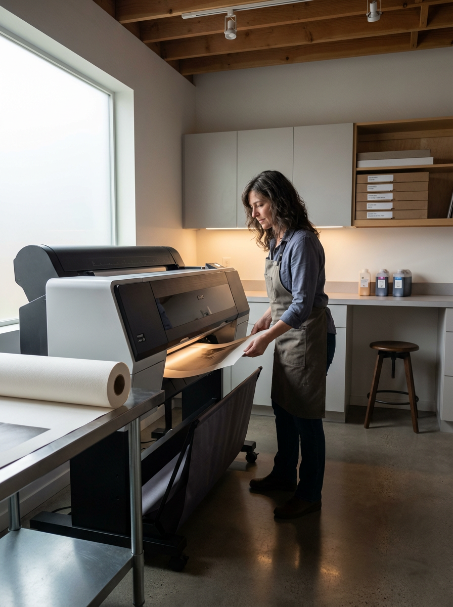A woman in an apron using a large printer or plotter in a modern workspace with natural light and wooden ceiling beams.