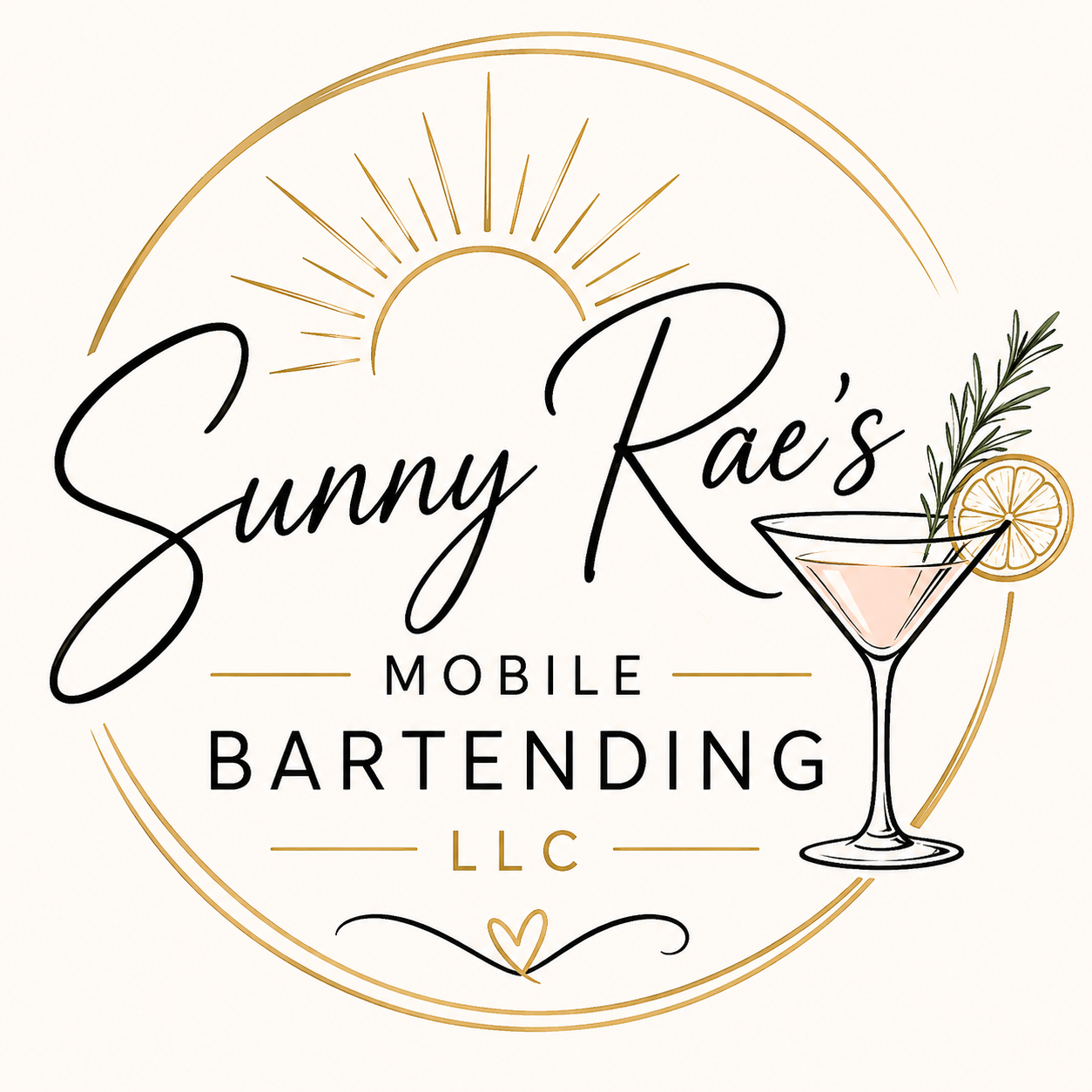 Logo for Sunny Rae's Mobile Bartending LLC featuring a sun illustration, a martini glass with a lemon slice and rosemary garnish, and decorative gold accents.