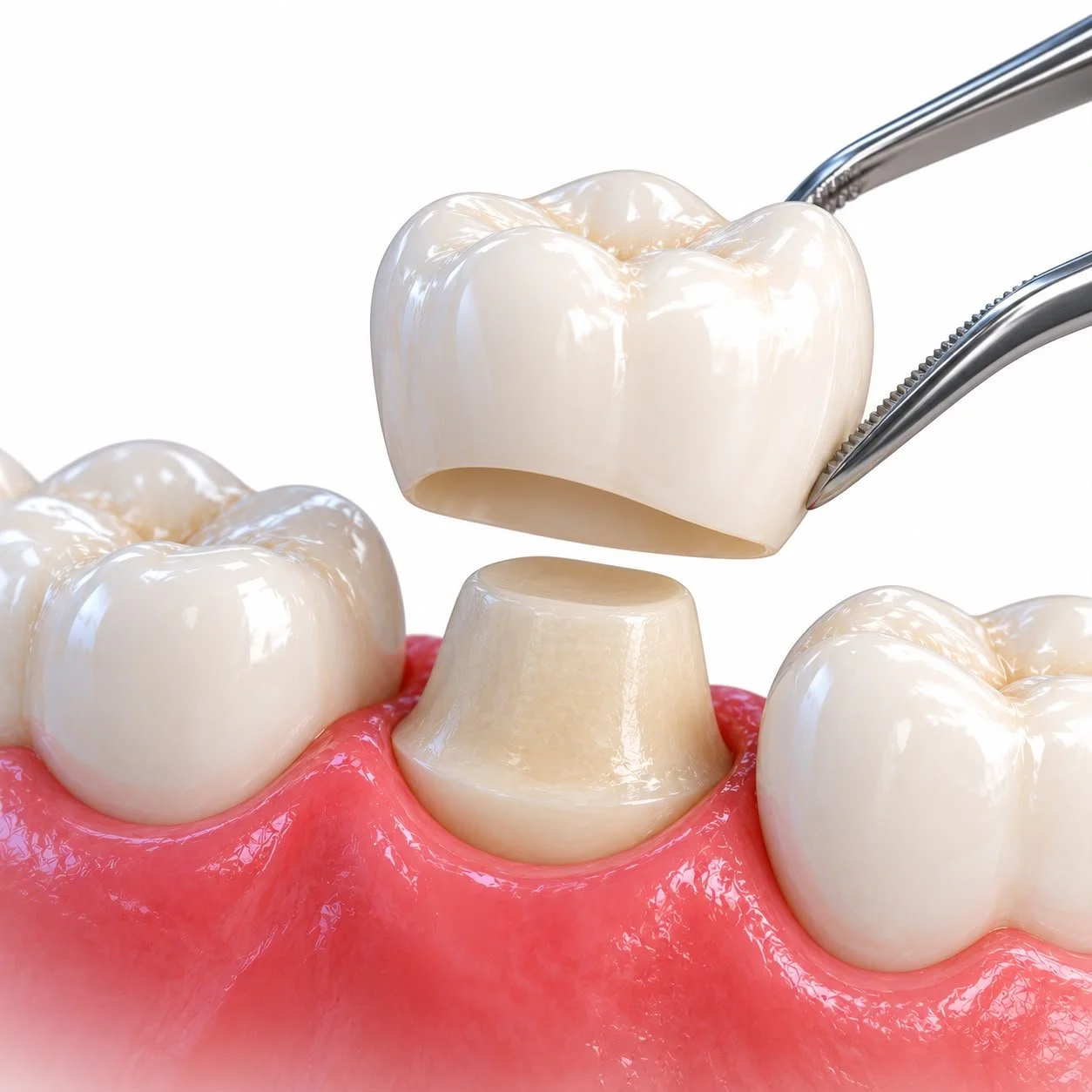 Un cirujano dental coloca una corona de porcelana en una muela natural sobre encía inflamada.