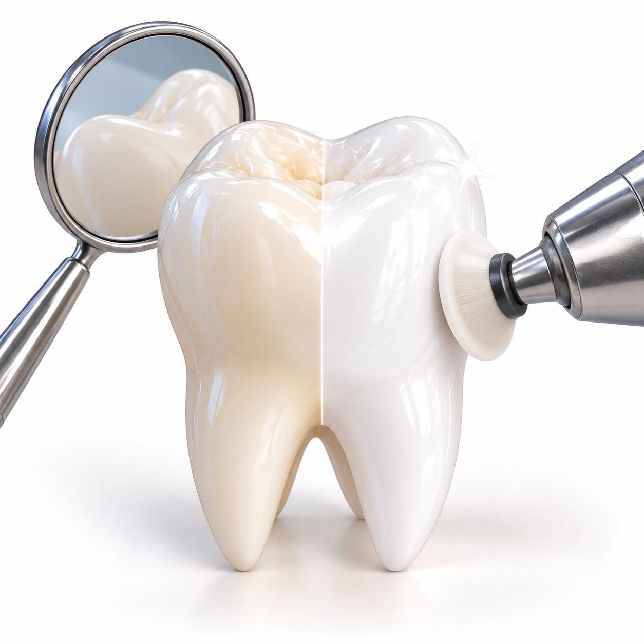Diente grande con espejo y herramienta de limpieza dental a su lado.