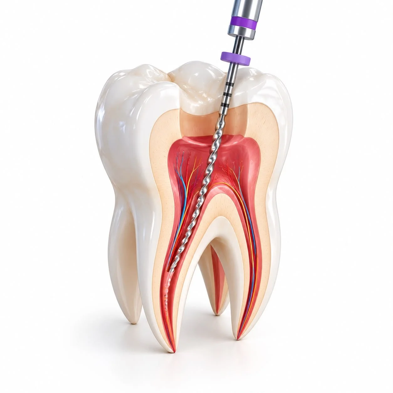 Modelo anatómico de un diente con un procedimiento de endodoncia en curso, mostrando el interior del diente y la raíz con instrumentos dentales.