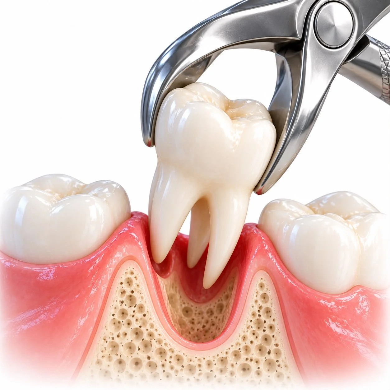 Extracción de un diente molar en un modelo dental, mostrando encía e instrumentos de odontología.