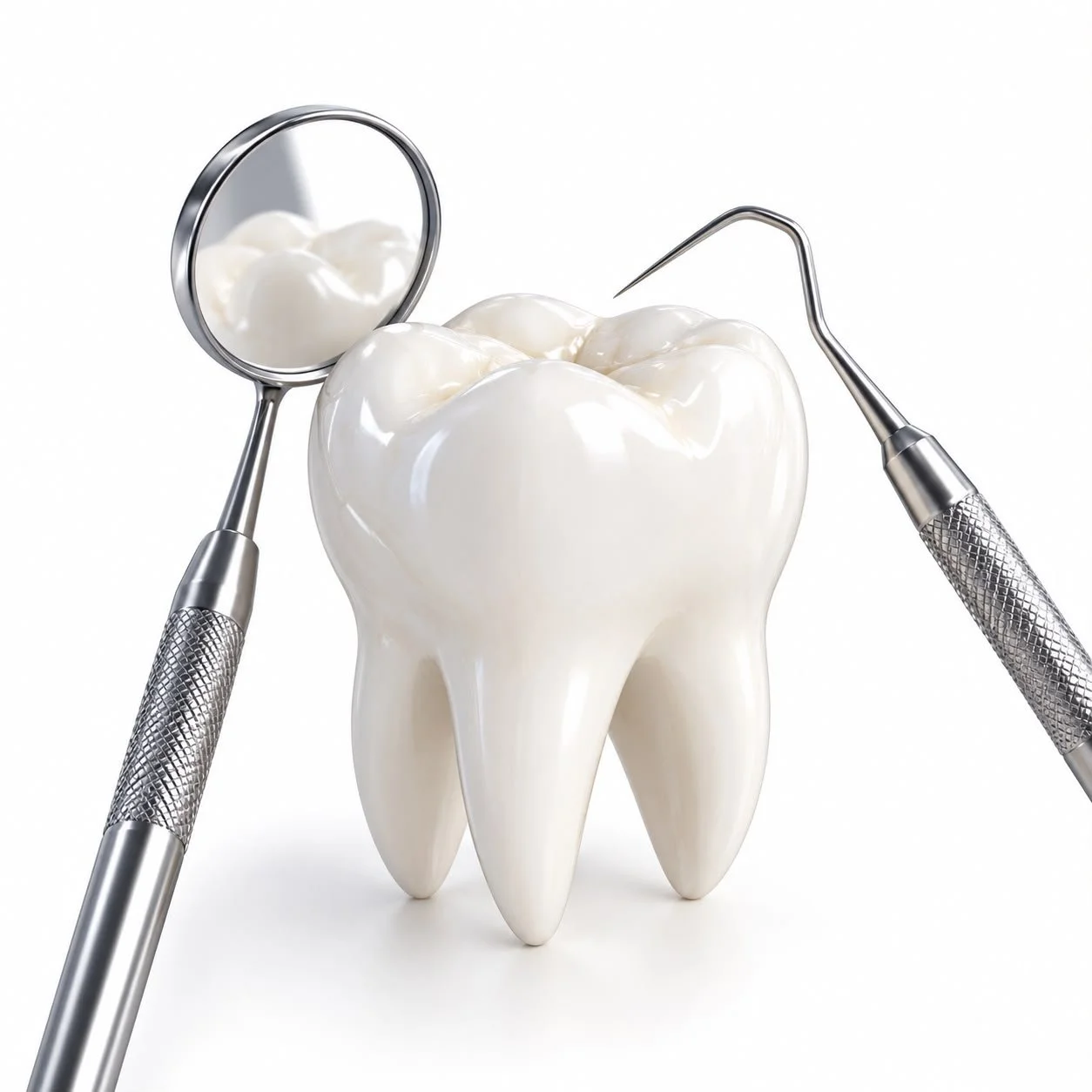 Un diente molar con instrumentos dentales como espejo y explorador a su alrededor.